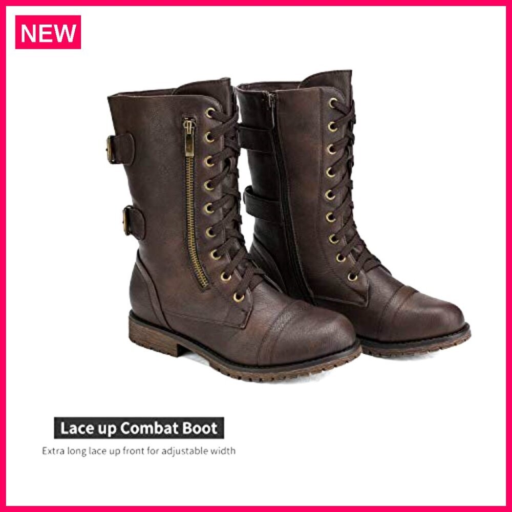 Women's Mid Calf Combat Boots with Wallet Pocket and Side Zipper - Picture 6 of 8